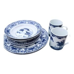 Canton Blue Dinnerware Set 8pc Plates Bowls Mugs Blue White Ceramic Chinoiserie